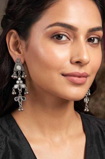 Oxidized Mirror Dangle Earrings, Boho Tribal Statement Earrings