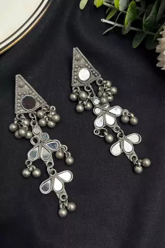 Oxidized Mirror Dangle Earrings, Boho Tribal Statement Earrings