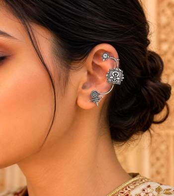 Oxidized Silver Ear Cuff Earrings, Tribal Floral Ear Wrap, Boho Non Pierced Ear Crawler 1