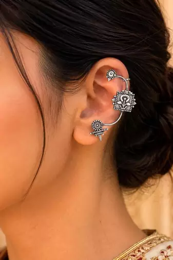 Oxidized Silver Ear Cuff Earrings, Tribal Floral Ear Wrap, Boho Non Pierced Ear Crawler