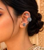 Oxidized Silver Ear Cuff Earrings, Tribal Floral Ear Wrap, Boho Non Pierced Ear Crawler