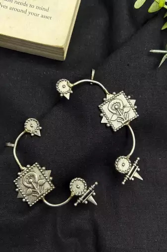 Oxidized Silver Ear Cuff Earrings, Tribal Floral Ear Wrap, Boho Non Pierced Ear Crawler