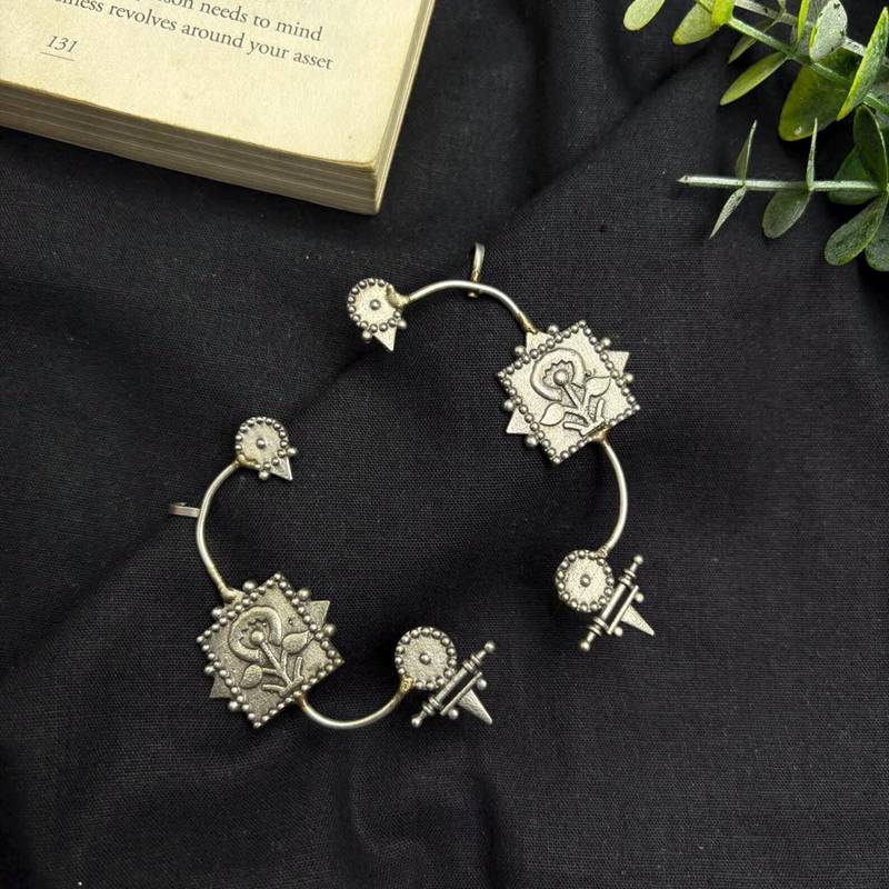 Oxidized Silver Ear Cuff Earrings, Tribal Floral Ear Wrap, Boho Non Pierced Ear Crawler