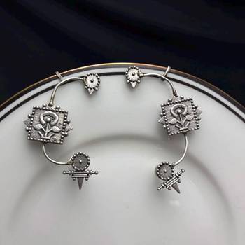 Oxidized Silver Ear Cuff Earrings, Tribal Floral Ear Wrap, Boho Non Pierced Ear Crawler 3