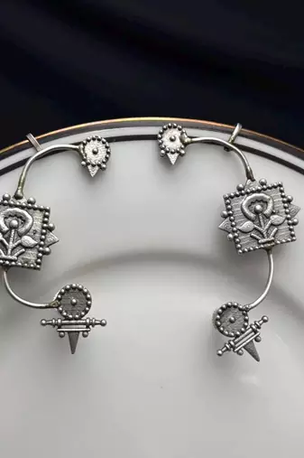 Oxidized Silver Ear Cuff Earrings, Tribal Floral Ear Wrap, Boho Non Pierced Ear Crawler