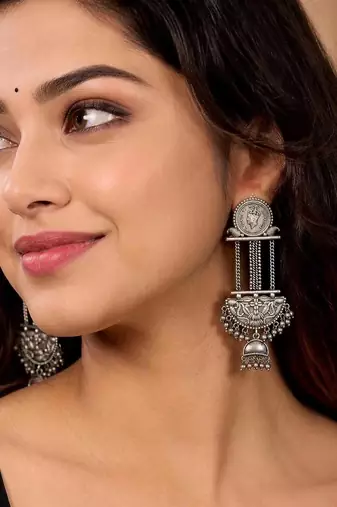 Oxidized Silver Coin Dangle Earrings, Tribal Boho Ethnic Indian Jewelry