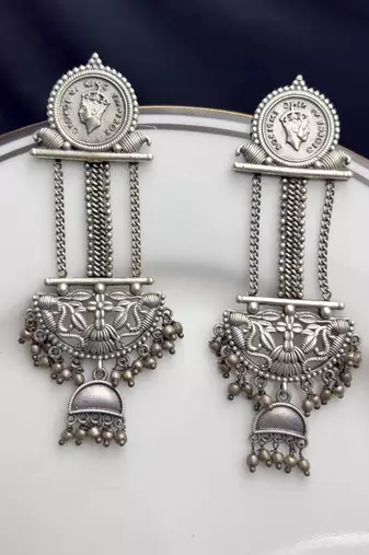 Oxidized Silver Coin Dangle Earrings, Tribal Boho Ethnic Indian Jewelry