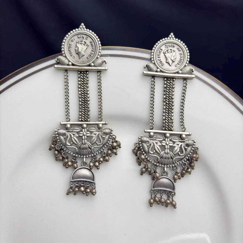 Oxidized Silver Coin Dangle Earrings, Tribal Boho Ethnic Indian Jewelry
