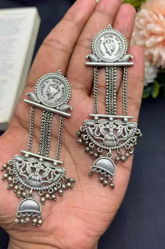 Oxidized Silver Coin Dangle Earrings, Tribal Boho Ethnic Indian Jewelry