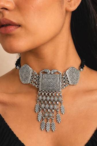 Oxidized Silver Tribal Choker Necklace | Boho Statement Jewelry with Leaf Charms