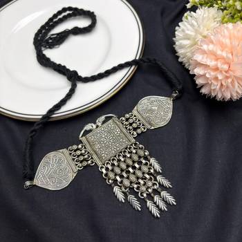 Oxidized Silver Tribal Choker Necklace | Boho Statement Jewelry with Leaf Charms 2