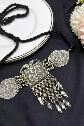 Oxidized Silver Tribal Choker Necklace | Boho Statement Jewelry with Leaf Charms