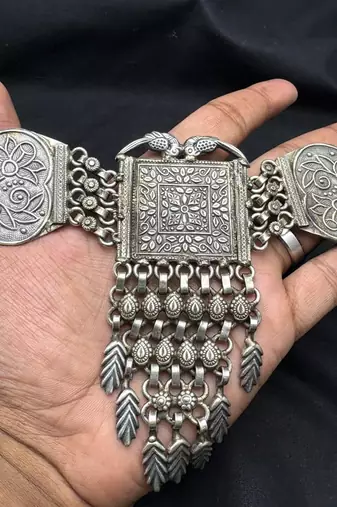 Oxidized Silver Tribal Choker Necklace | Boho Statement Jewelry with Leaf Charms