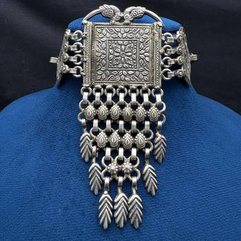 Oxidized Silver Tribal Choker Necklace | Boho Statement Jewelry with Leaf Charms 4