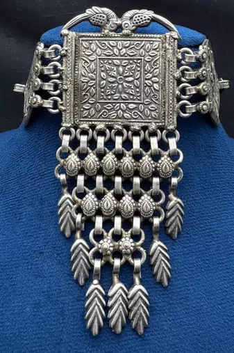 Oxidized Silver Tribal Choker Necklace | Boho Statement Jewelry with Leaf Charms