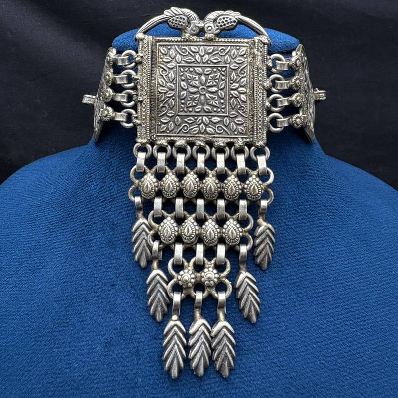 Oxidized Silver Tribal Choker Necklace | Boho Statement Jewelry with Leaf Charms