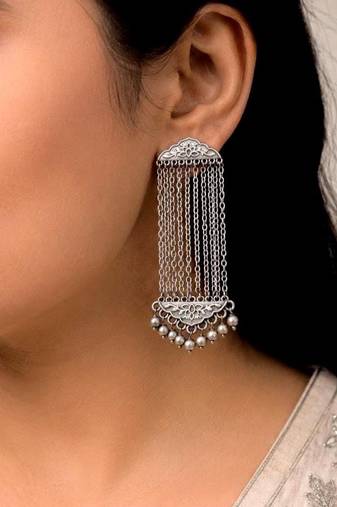 Oxidized Silver Multi Chain Dangle Earrings,Handcrafted German Silver Long Fringe Earrings