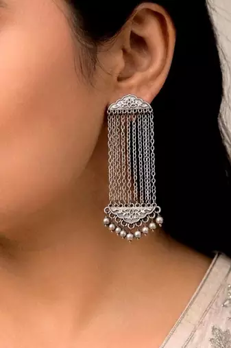 Oxidized Silver Multi Chain Dangle Earrings,Handcrafted German Silver Long Fringe Earrings