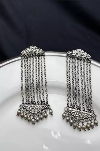 Oxidized Silver Multi Chain Dangle Earrings,Handcrafted German Silver Long Fringe Earrings