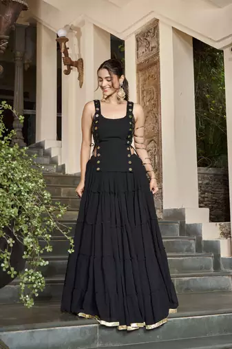 Black Navratri Special Feather-Light Fully Stitched Lehenga Choli with Stylish Koti