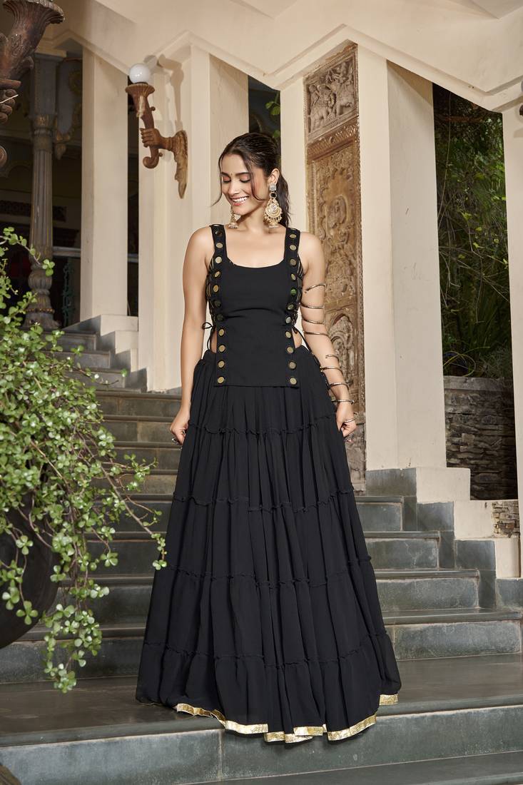 Black Navratri Special Feather-Light Fully Stitched Lehenga Choli with Stylish Koti