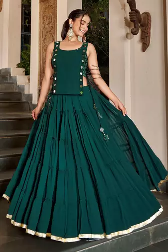 Green Navratri Special Feather-Light Fully Stitched Lehenga Choli with Stylish Koti