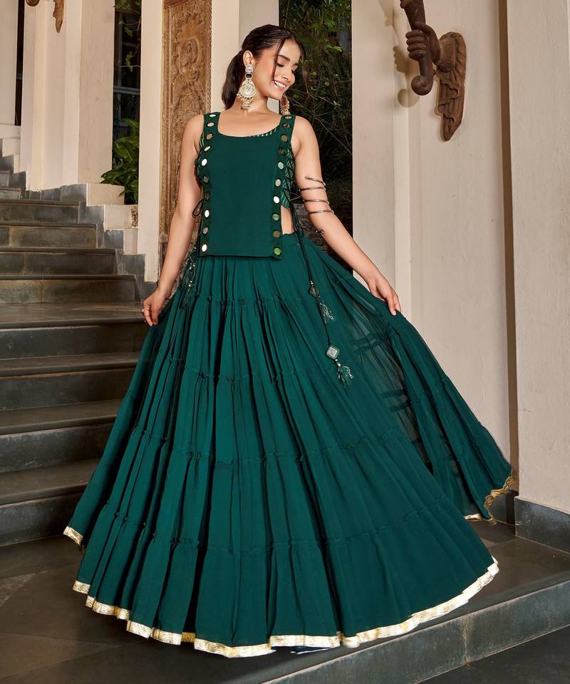 Green Navratri Special Feather-Light Fully Stitched Lehenga Choli with Stylish Koti