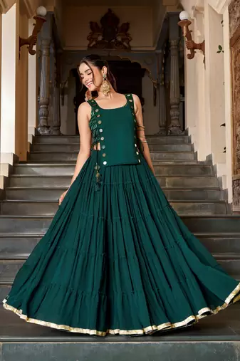 Green Navratri Special Feather-Light Fully Stitched Lehenga Choli with Stylish Koti
