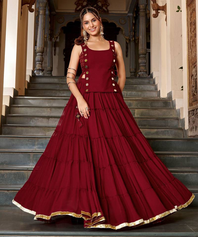 Red Navratri Special Feather-Light Fully Stitched Lehenga Choli with Stylish Koti
