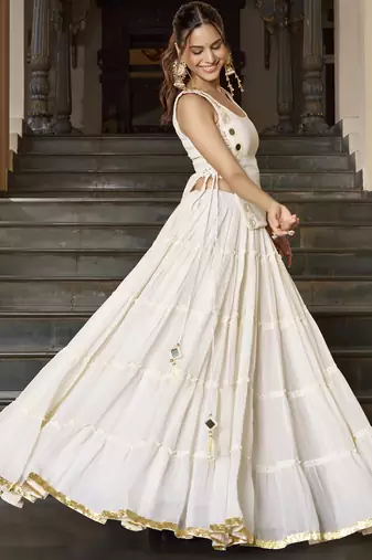 White Navratri Special Feather-Light Fully Stitched Lehenga Choli with Stylish Koti