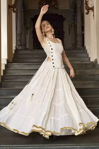 White Navratri Special Feather-Light Fully Stitched Lehenga Choli with Stylish Koti