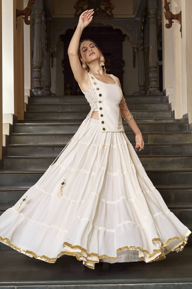 White Navratri Special Feather-Light Fully Stitched Lehenga Choli with Stylish Koti