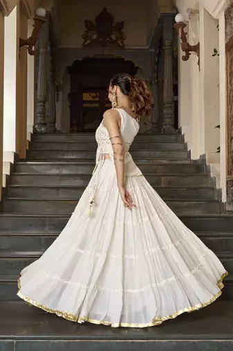 White Navratri Special Feather-Light Fully Stitched Lehenga Choli with Stylish Koti