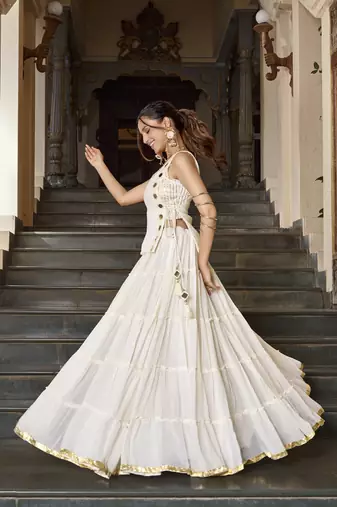 White Navratri Special Feather-Light Fully Stitched Lehenga Choli with Stylish Koti