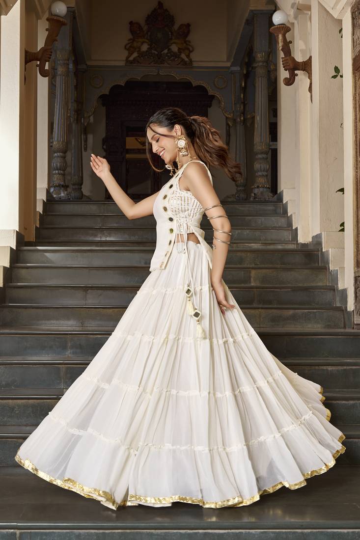 White Navratri Special Feather-Light Fully Stitched Lehenga Choli with Stylish Koti