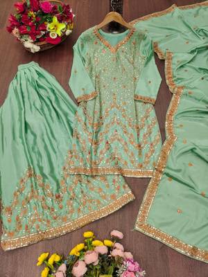 Sea green chinon silk sequence embriordered sharara suit 5