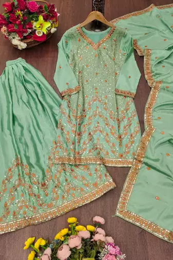 Sea green chinon silk sequence embriordered sharara suit