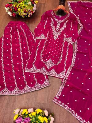 Rani pink fendy silk sequence embriordered sharara suit 5