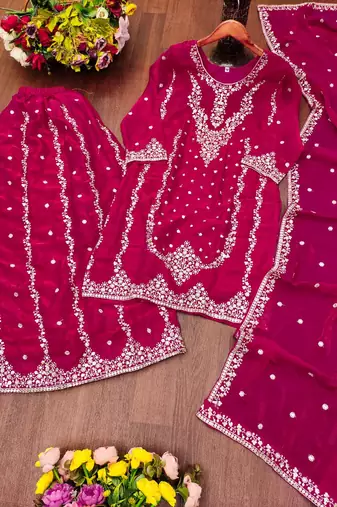 Rani pink fendy silk sequence embriordered sharara suit