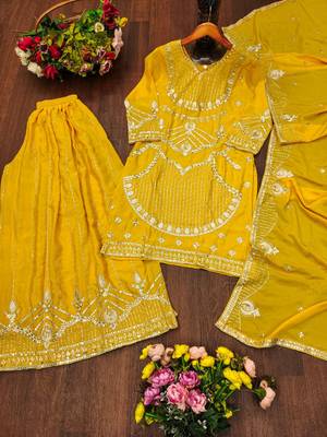 Yellow chinon silk sequence embriordered sharara suit 5