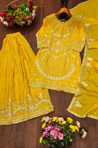Yellow chinon silk sequence embriordered sharara suit