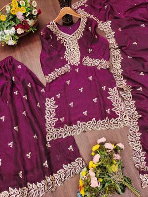 Deep purple fendy silk sequence embriordered sharara suit 5