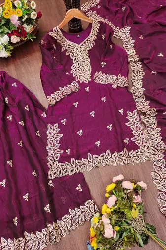 Deep purple fendy silk sequence embriordered sharara suit
