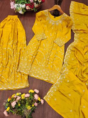 Yellow chinon silk sequence embriordered sharara suit 5