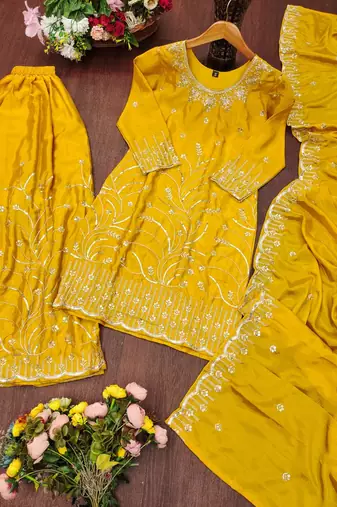Yellow chinon silk sequence embriordered sharara suit