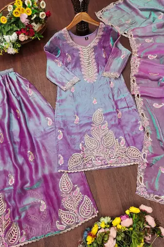 Lavender purple fendy silk sequence embriordered sharara suit