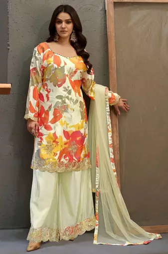 Orange embroidered chinon free size stitched palazzo style salwar suit