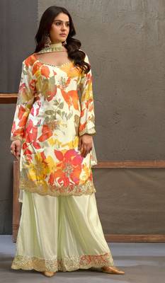 Orange embroidered chinon free size stitched palazzo style salwar suit 3