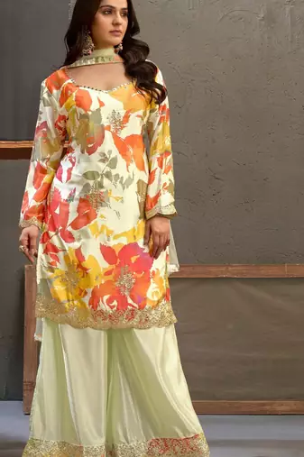Orange embroidered chinon free size stitched palazzo style salwar suit