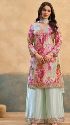 Pink embroidered chinon free size stitched palazzo style salwar suit 1